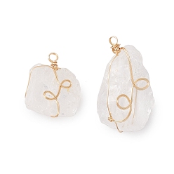 Light Gold Подвески из необработанного натурального кварцевого кристалла с медной проволокой, подвески из самородков горного хрусталя, золотой свет, 26.5~35x20~23x11.5~14 мм, отверстие : 2 мм