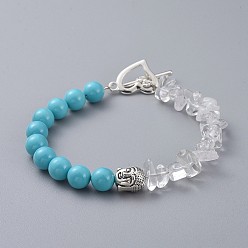 Turquoise Shell Pearl Beaded Bracelets, with Natural Quartz Crystal Chip Beads, Alloy Beads and Toggle Clasps, Buddha Head, Turquoise, 7-5/8 inch(19.5cm)