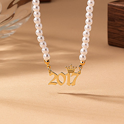 Number Женские ожерелья из круглого белого бисера с имитацией жемчуга и подвеской в виде короны в виде года рождения, золотые, число 2017, 14.96 дюйм (38 см)