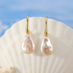 Real 14K Gold Plated 925 Sterling Silver Dangle Earrings, with Teardrop Natural Baroque Pearl, Real 14K Gold Plated, 11x32mm