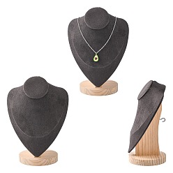Gray Necklace Bust Display Stand, with Wood Base, Microfiber Cloth and Card Paper, Gray, 15.8x23.1cm