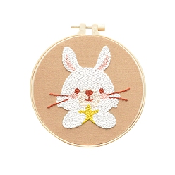 Rabbit Animal Theme DIY Display Decoration Punch Embroidery Beginner Kit, Including Punch Pen, Needles & Yarn, Cotton Fabric, Threader, Plastic Embroidery Hoop, Instruction Sheet, Rabbit, 155x155mm