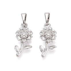 Платина Латунные микропаве прозрачные подвески с фианитом, прелести подсолнуха, платина, 18.5x8.5x3.5 мм, отверстие : 6x3 мм
