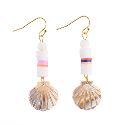 White Dangle Earrings, with Polymer Clay Heishi Beads, Cellulose Acetate(Resin) Pendants, Sea Shell Beads and Golden Plated Brass Earring Hooks, Shell Shape, White, 58mm, Pin: 0.7mm