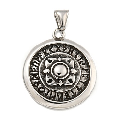 Античное Серебро 316 хирургические подвески из нержавеющей стали, плоский круглый с руническим оберегом, античное серебро, 36.5x32x5.5 мм, отверстие : 4x8.5 мм