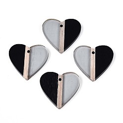 Черный Прозрачные подвески из смолы и дерева, сердце, два тона, чёрные, 28~28.2x29.8x3.3 мм, отверстие : 2 мм