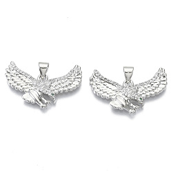 Real Platinum Plated Brass Micro Pave Cubic Zirconia Pendants, Nickel Free, Eagle, Clear, Real Platinum Plated, 17x27x3mm, Hole: 4x3mm