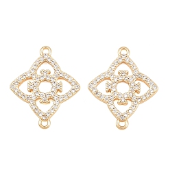 Plaqué 18K Or Véritable Breloques de connecteur en laiton micro pavé de zircone cubique transparente, liens de trèfle, réel 18 k plaqué or, 19.5x16x2mm, Trou: 1mm