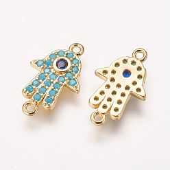 Золотой Латунные микро проложить кубических ссылки циркония, hamsa рука / рука fatima / рука miriam, глубокое синее небо, золотые, 15.5x9.5x2 мм, отверстие : 1 мм