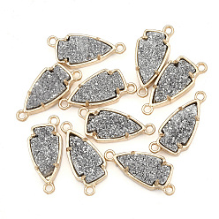 Gray Natural Druzy Agate Links connectors, with Brass Findings, Dyed, Arrows, Golden, Gray, 27x11.5x5~7mm, Hole: 2mm