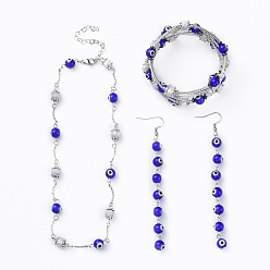 Gainsboro Böser blick lampwork schmuck sets, Wickelarmbänder & Ohrringe & Halsketten, Mit facettiertem glas, unmagnetische synthetischen Hämatit, Messingrohrperlen und 304 Edelstahlzubehör, gainsboro, 2-1/8 Zoll (5.5 cm), 14.7 Zoll (37.5 cm), 110 mm, Stift: 0.8 mm