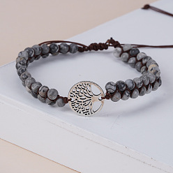 Пикассо Камень Браслеты из плетеных бусин из натуральной яшмы пикассо с круглыми бусинами, сплав древо жизни браслеты для мужчин и женщин, античное серебро, 6-3/4 дюйм (17 см)
