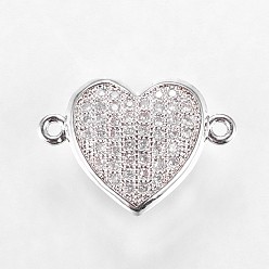 Платинированный Латунные микро проложить кубических ссылки циркония, прозрачные, Реальная платина, сердце, 12x17.5x5.5 мм, отверстие : 1 мм