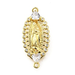 Настоящее золото 18K Латунные подвески-фигурки с прозрачным кубическим цирконием для религиозных коннекторов, овал с девственными мариными звеньями, стойки покрытие, долговечный, без свинца и без кадмия, реальный 18 k позолоченный, 35x15.5x3 мм, отверстие : 1.6 мм