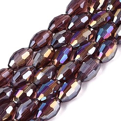 Purple Electroplate Transparent Glass Beads Strands, Rice, AB Color Plated, Faceted, Purple, 8~8.5x5.5~6mm, Hole: 1~1.2mm, about 67~68pcs/strand, 21.46~22.24 inch(54.5~56.5cm)