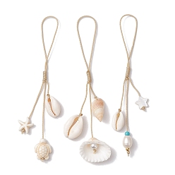 WhiteSmoke Natural Cultured Freshwater Pearl & Dyed Synthetic Turquoise & Clam Shell Mobile Straps, with Braided Nylon Thread, WhiteSmoke, 12~12.4cm, about 3Pcs/Set