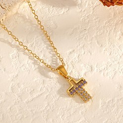 Golden 304 Stainless Steel Pave Clear and Purple Religion Cross Cubic Zirconia Pendant Necklaces for Women, Golden, 17.72 inch(45cm)