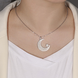 Stainless Steel Color 304 Stainless Steel Crystal Rhinestone Moon with Star Pendant Necklaces for Women, Stainless Steel Color, 17.72 inch(45cm), Pendant: 32x29mm