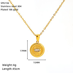 Flat Round 304 Stainless Steel Crystal Rhinestone Pendant Necklaces for Women, Real 18K Gold Plated, Flat Round, 17.72 inch(45cm), Pendant: 17x15mm