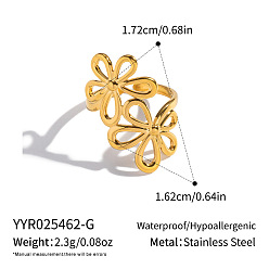 Real 18K Gold Plated 304 Stainless Steel Cuff Open Rings for Women, Flower, Real 18K Gold Plated, 16.2mm, Inner Diameter: 17.2mm