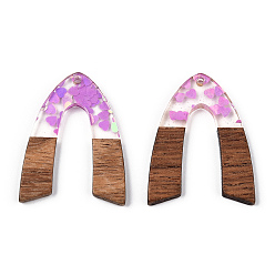 Violet Transparent Resin & Walnut Wood Pendants, with Heart Paillettes, Arch Shape Charms, Violet, 38x29x3mm, Hole: 2mm