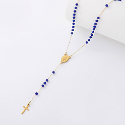Azul Collares de rosario de resina vintage, 304 Collares con colgante de cruz religiosa de acero inoxidable con la imagen de la Virgen para mujer, dorado, azul, 20.87 pulgada (53 cm)
