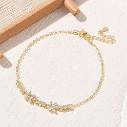 Chapado en Oro Real 18K Pulseras de eslabones florales de latón con circonitas cúbicas transparentes., larga duración plateado, chapado en rack, sin plomo y el cadmio, real 18 k chapado en oro, 6.89 pulgada (17.5 cm)