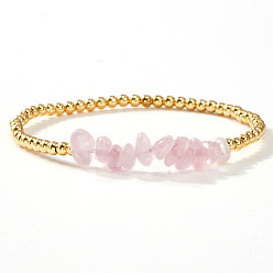 Rose Quartz Brass & Natural Rose Quartz Chip Beads Stretch Bracelets for Women, Round, Golden, 6.89 inch(17.5cm)