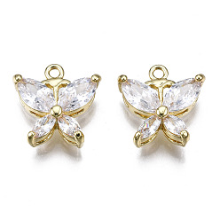 Golden Brass Inlaid Clear Cubic Zirconia Charms, Butterfly, Golden, 13.5x13x4mm, Hole: 1.4mm