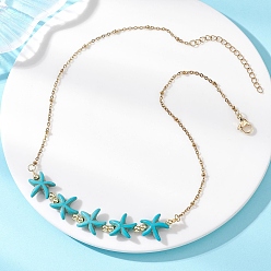 Бирюза Нагрудное ожерелье из синтетических бирюзовых бусин в форме морской звезды, окрашенных в морской цвет, с цепочками из нержавеющей стали в виде спутников., золотые, бирюзовые, 304 дюйм (15.08~15.35 см)