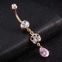 Pink Piercing-Schmuck, umweltfreundlicher Nabelring aus Zirkonoxid aus Messing, Bauchringe, mit 304 Edelstahlleiste, echt 18 k vergoldet, Träne, rosa, 50x8 mm, Stangenlänge: 3/8"(10mm), Stange: 14 Spurweite(1.6mm)