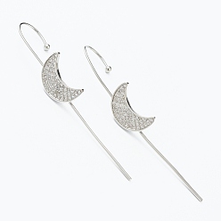 Platinum Brass Micro Pave Clear Cubic Zirconia Ear Wrap Crawler Hook Earrings, Moon, Platinum, 55x9.5mm, Pin: 1mm