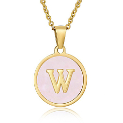 Letter W Natural Shell Initial Letter Pendant Necklace, with Golden Stainless Steel Cable Chains, Letter W, 17.72 inch(45cm)