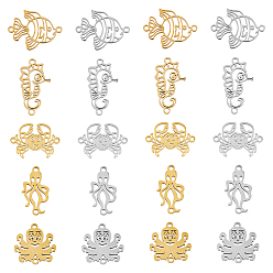 Золотой & Цвет Нержавеющей Стали 20шт 10 стили 201 подвески из нержавеющей стали, ссылки на морских животных, лазерная резка, форма осьминога, кальмара, золотой рыбки, морского конька и краба, золотые и нержавеющая сталь цвет, 14~20.5x9.5~20.5x1 мм, отверстие : 1.4 мм, 2 шт / стиль