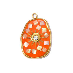 Оранжевый 304 нержавеющей стальной эмали подвески, овальный шарм, с раковиной и горный хрусталь, ионное покрытие (ip), долговечный, реальный 18 k позолоченный, оранжевые, 20x13 мм, отверстие: 1.40 мм