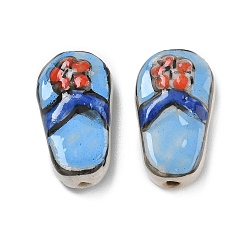 Deep Sky Blue Handmade Porcelain Beads, Hand Painted, Famille Rose Porcelain, Slipper with Flower, Deep Sky Blue, 22x12.5x7mm, Hole: 1.8mm