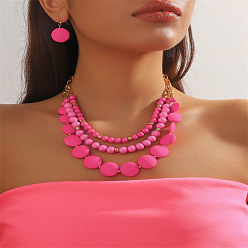 Темно-Розовый Комплекты из плоских круглых и многослойных бус и висячих серег из смолы, комплекты украшений из золотого сплава, темно-розовыми, 420 мм