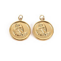 Echt 14 k vergoldet 304 Edelstahl Anhänger, mit Ringe springen, flach rund mit Schmetterling, echt 14 k vergoldet, 17.5x15x2 mm, Sprungring: 3.8x0.5 mm, 2.8 mm Innen Durchmesser