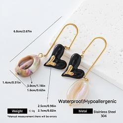Golden 304 Stainless Steel Resin Stud Dangle Earrings for Women, Heart with Shell Shape, Golden, 68mm