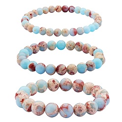 Pale Turquoise 3Pcs 3 Size Synthetic Imperial Jasper Round Beaded Stretch Bracelets Set, Gemstone Jewelry for Women, Pale Turquoise, Inner Diameter: 2-1/8 inch(5.5cm), Beads: 6~10mm, 1Pc/size