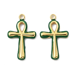 Зеленый 304 нержавеющей стальной эмали подвески, анкх крест прелести, вакуумное покрытие pvd, реальный 18 k позолоченный, зелёные, 18x11x2 мм, отверстие : 1.4 мм