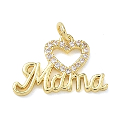 Real 18K Gold Plated Mother's Day Brass Micro Pave Clear Cubic Zirconia Pendants, Heart with Mama Charms, Real 18K Gold Plated, 13x20x2mm