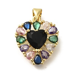 Черный Покрытие стойки латунь с подвесками из фианита, долговечный, без свинца и без кадмия, сердце прелести, чёрные, 20x17x5.5 мм, отверстие : 4x3.5 мм