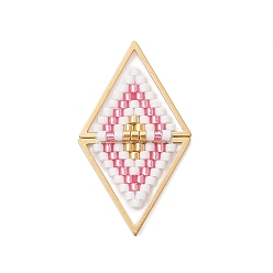 Pink Подвески-соединители из стеклянных бусин, ромбовидные звенья с 304 треугольными соединениями из нержавеющей стали, золотые, розовые, 32.5x18.5x3 мм