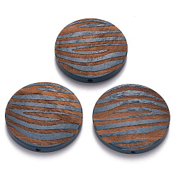 Стально-синий Расписные бусы из натурального дерева, лазерная гравировка, плоский круглый с зеброй, стальной синий, 30x5 мм, отверстие : 1.6 мм
