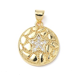 Настоящее золото 18K Латунные микропаве прозрачные подвески с фианитом, плоский круглый со звездными подвесками, без свинца и без кадмия, долговечный, стойки покрытие, реальный 18 k позолоченный, 20.5x18x3.5 мм, отверстие : 5x3.5 мм