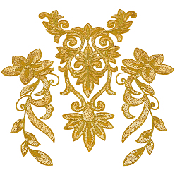 Золотистый 1компьютерная вышивка цветов на pc, приклеиваемые и пришиваемые нашивки, аппликация, с блестка, с 1парой цветочных компьютеризированных вышивок с термонаклейками/нашивками, золотые, 296~405x122~263x1 мм