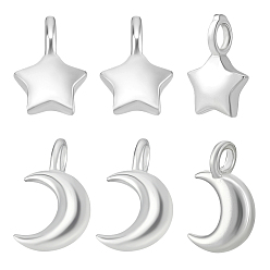 Mixed Shapes 6 шт. 2 стили 925 подвески в виде луны и звезды из стерлингового серебра, серебряный цвет гальваническим, разнообразные, 9~10.5x6.5x2.5 мм, отверстие : 2~4 мм, 3 шт / стиль