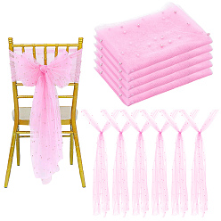 Rose Chaud Tissus en maille de nylon, avec des perles en plastique imitation perles, rose chaud, 2500x300x0.1mm