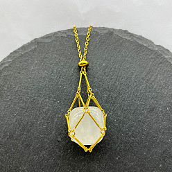 Хрусталь Натуральный кварцевый кристалл самородки макраме мешочек кулон 201 ожерелья из нержавеющей стали цепи, реальный 18 k позолоченный, 23.62 дюйм (60 см)
